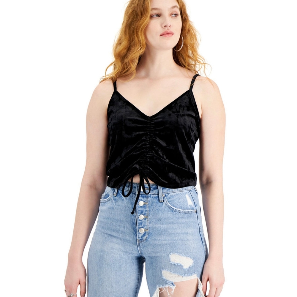 Hippie Rose Velvet Black Sleeveless Top With‎ Ruched Tie-Hem. Size M